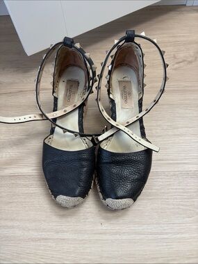 Valentino Black Leather Espadrille wedges with Studded Ankle Straps